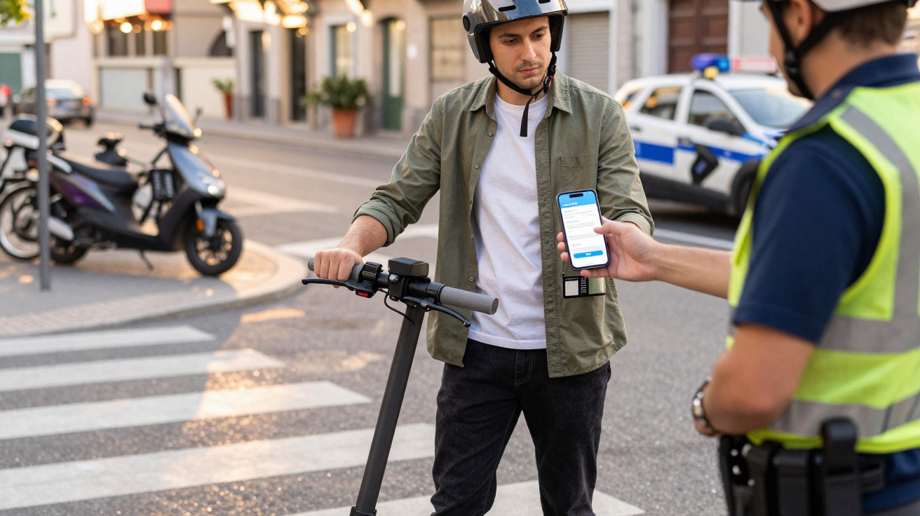 Policial olhando documento digital no celular de homem com capacete que segura uma patinete elétrica.