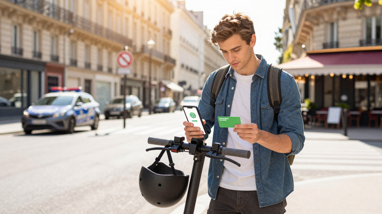 Homem jovem com mochila consulta celular e cartão ao lado de patinete elétrico em rua urbana.