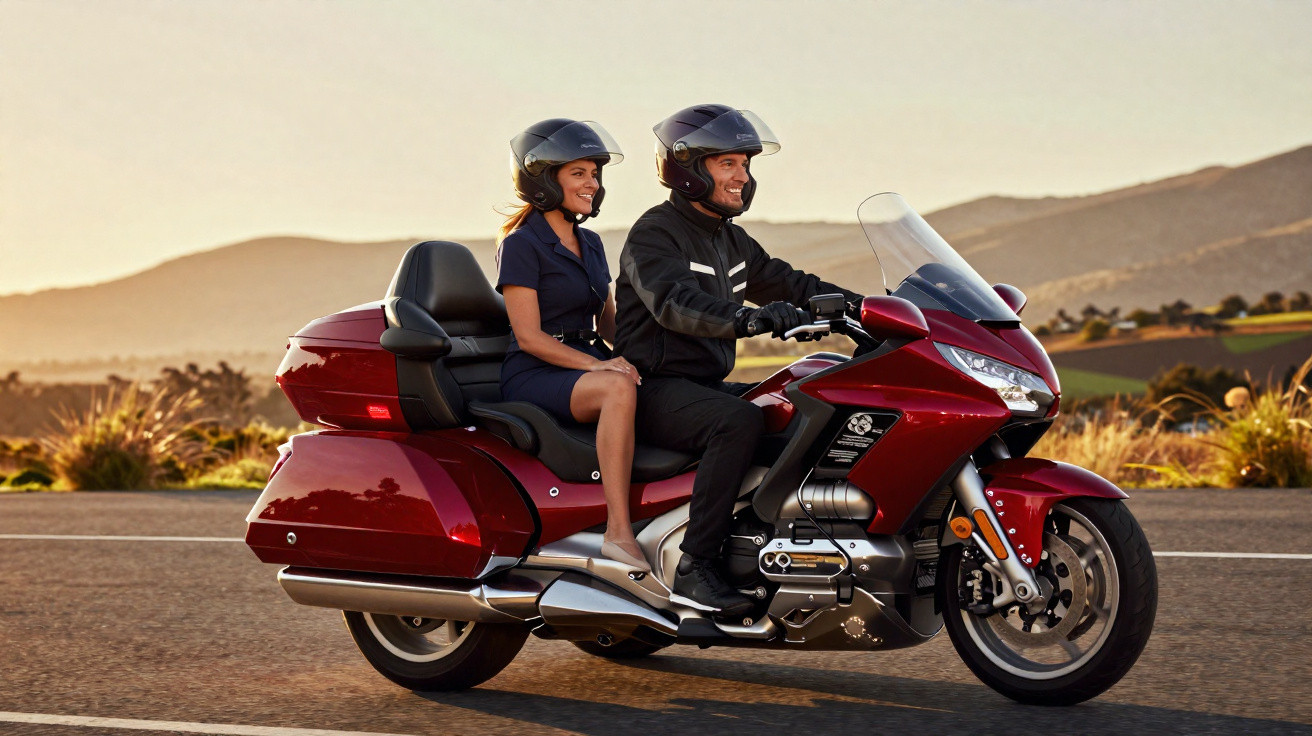 Casal sorridente usando capacetes, andando em motocicleta vermelha em estrada com paisagem ao fundo.