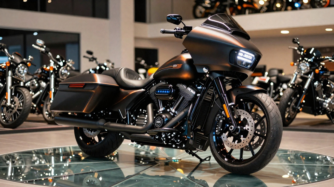 Motocicleta preta estilo touring exibida em salão com outras motos ao fundo.