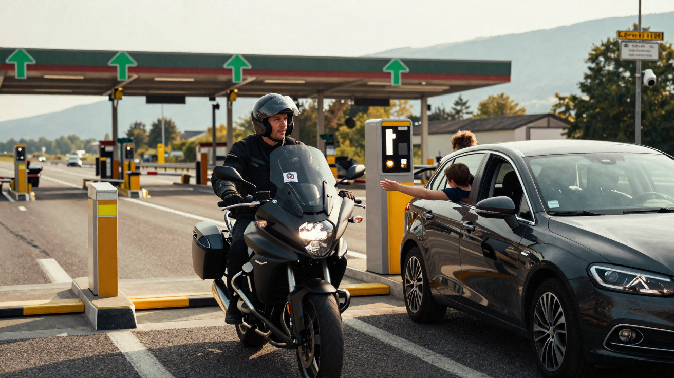 Pessoa de capacete em moto preta e carro cinza em pedágio ao ar livre com montanhas ao fundo.