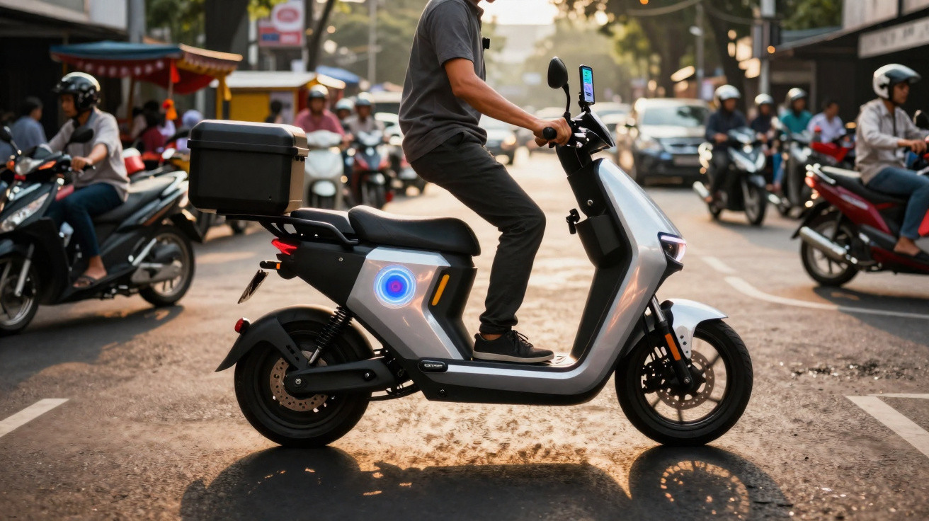 Homem sentado em scooter elétrica cinza em rua movimentada com outros motociclistas ao fundo.