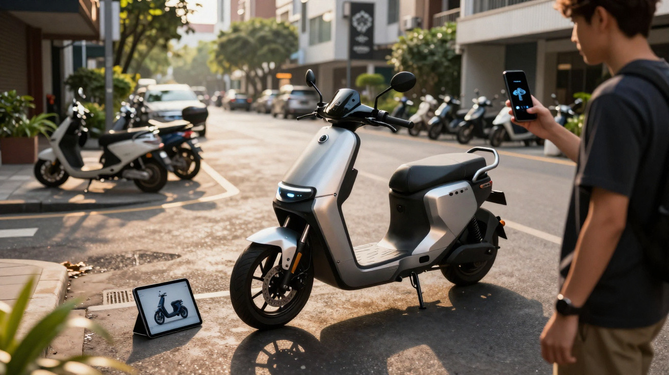 Motocicleta elétrica estacionada na rua enquanto uma pessoa segura um smartphone com aplicativo aberto.
