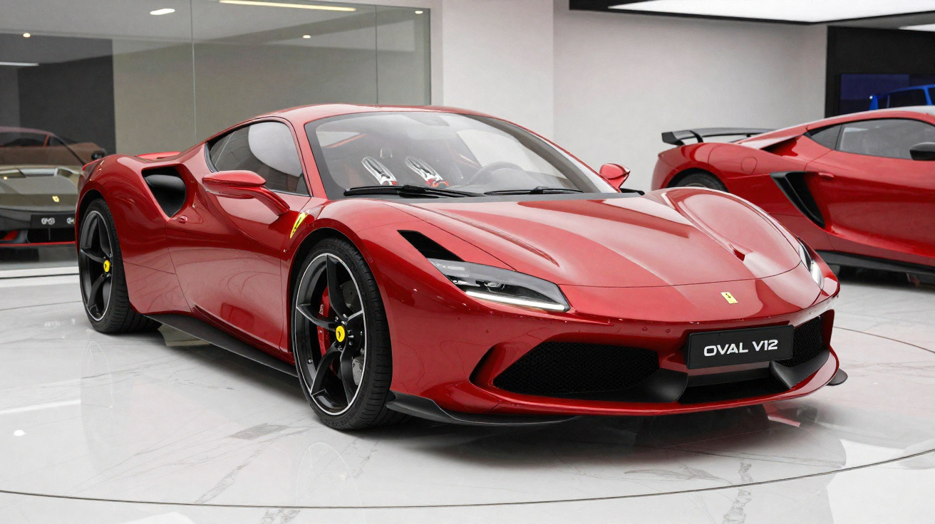 Carro esportivo vermelho Ferrari Oval V12 estacionado em salão moderno com piso branco.