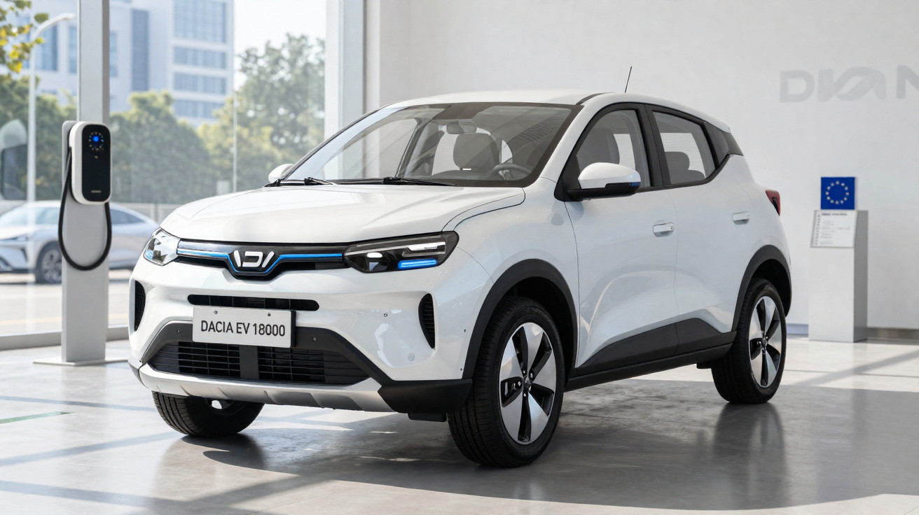Carro elétrico branco Dacia EV 18000 estacionado em showroom moderno, com estação de recarga ao lado.