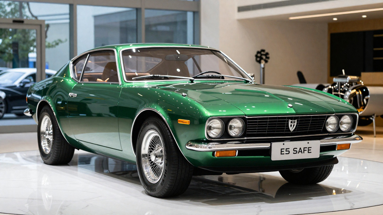 Carro esportivo clássico verde com rodas de liga leve exposto em ambiente interno elegante.