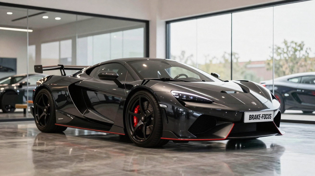 Carro esportivo preto com faróis LED acesos em showroom com piso de concreto polido.