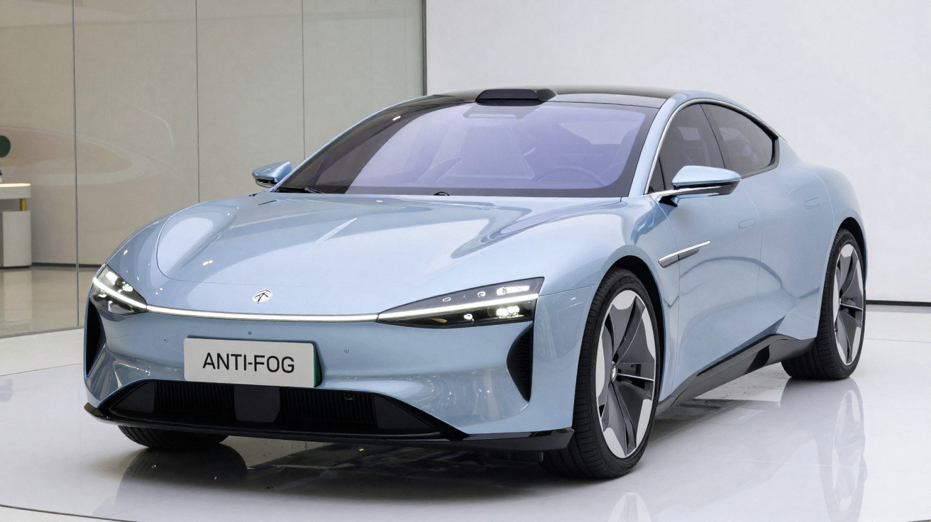 Carro esportivo elétrico azul claro com design aerodinâmico e placa "ANTI-FOG" exposto em ambiente interno.