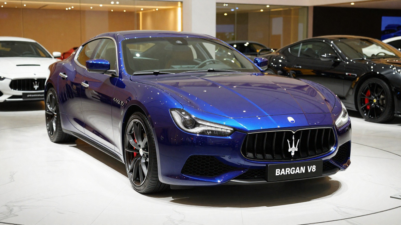 Carro esportivo azul Maserati BARGAN V8 exposto em showroom ao lado de outros veículos.