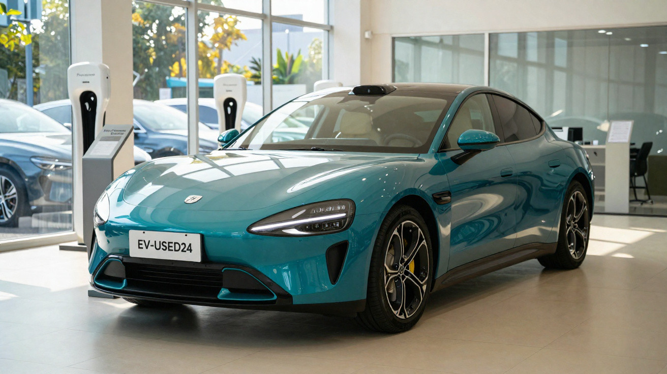 Carro elétrico azul em showroom ao lado de estações de recarga branca, com iluminação natural.