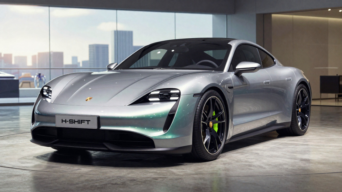 Carro esportivo elétrico prata Porsche Taycan em showroom moderno com janelas grandes e cidade ao fundo.