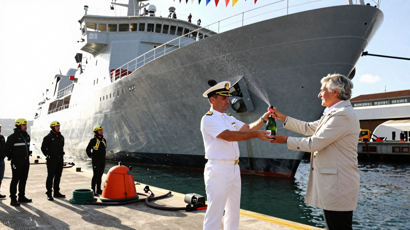 Homem em terno e oficial naval comemoram com champanhe na cerimônia de batismo de navio no porto.