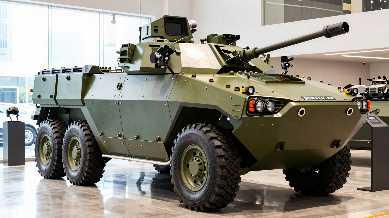 Blindado militar verde com seis rodas exposto em ambiente interno moderno.