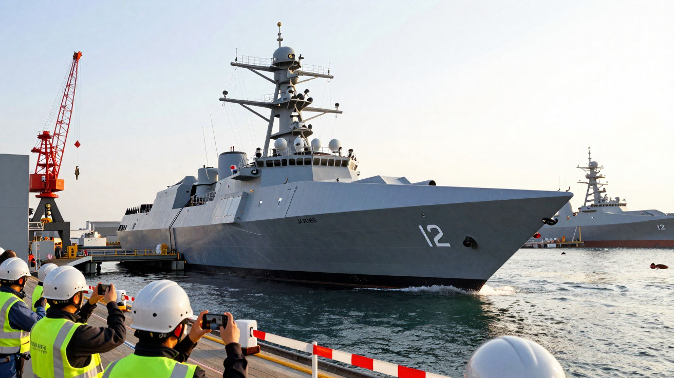 Navio de guerra cinza número 12 ancorado em porto com pessoas de colete e capacete observando.