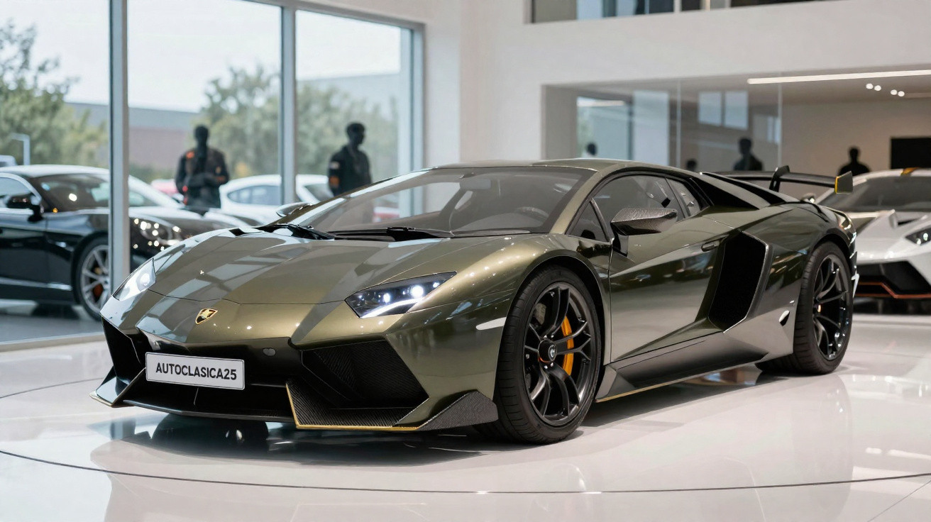 Carro esportivo Lamborghini verde metálico exibido em showroom com iluminação moderna e piso branco.