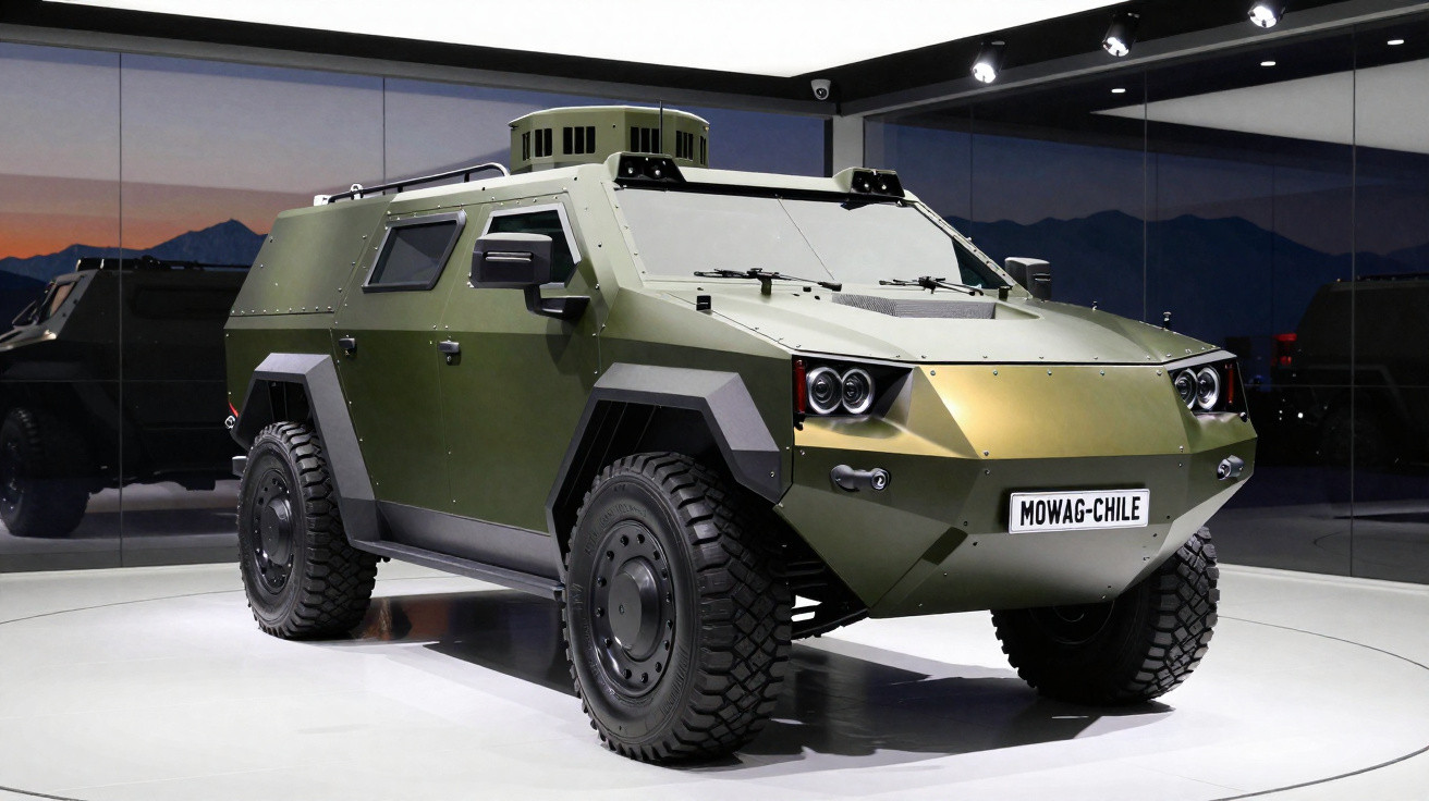 Veículo blindado militar verde oliva com faróis duplos circulares em exposição interna.