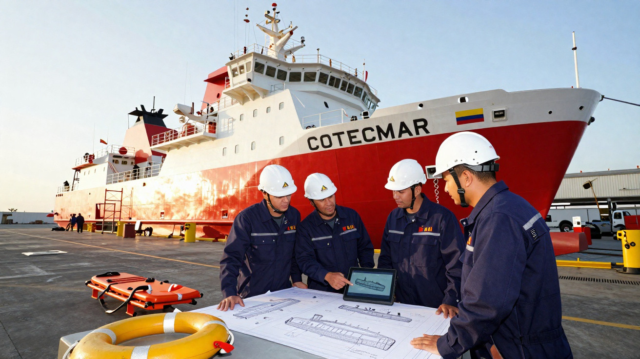 Quatro engenheiros com capacetes revisam plantas e tablet perto do navio vermelho e branco COTECMAR no cais.