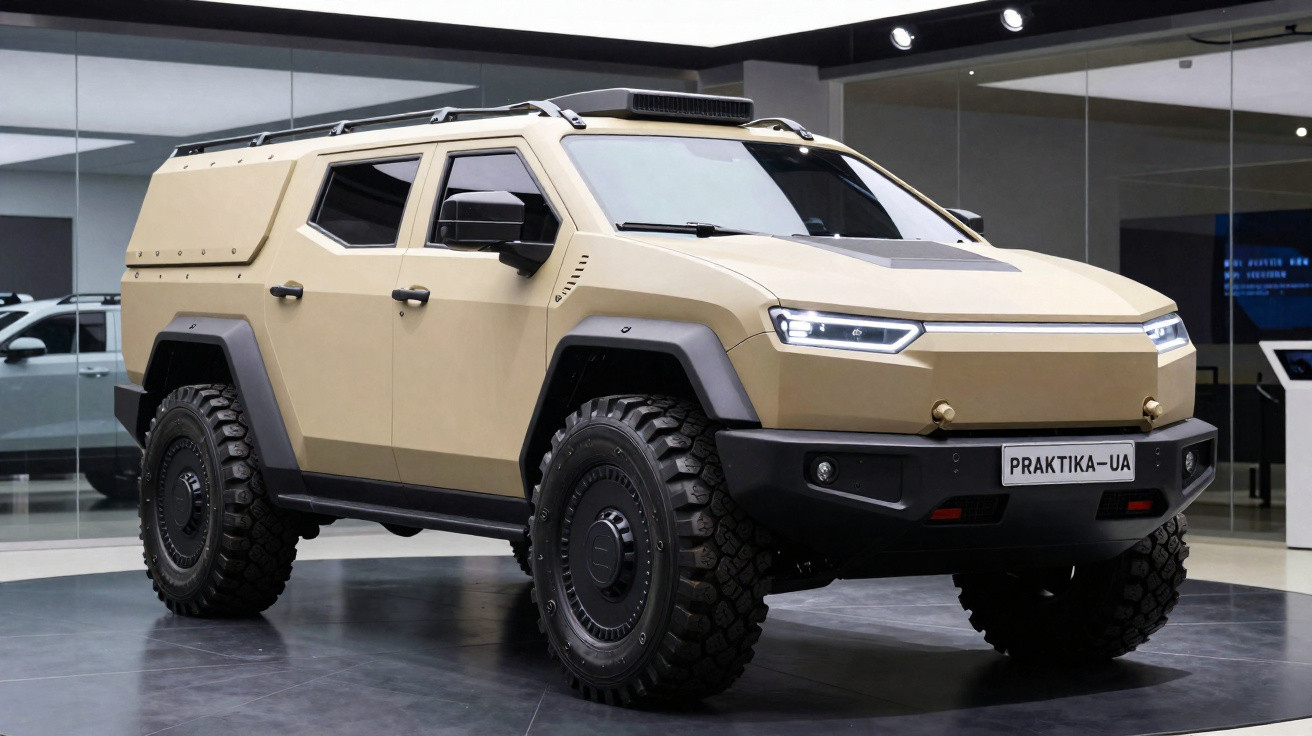 Veículo blindado bege com pneus off-road grandes exibido em salão moderno com piso preto.