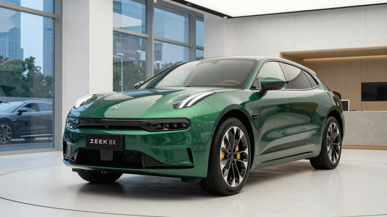 Carro elétrico verde metálico Zeek 8X exposto em showroom moderno com grandes janelas.