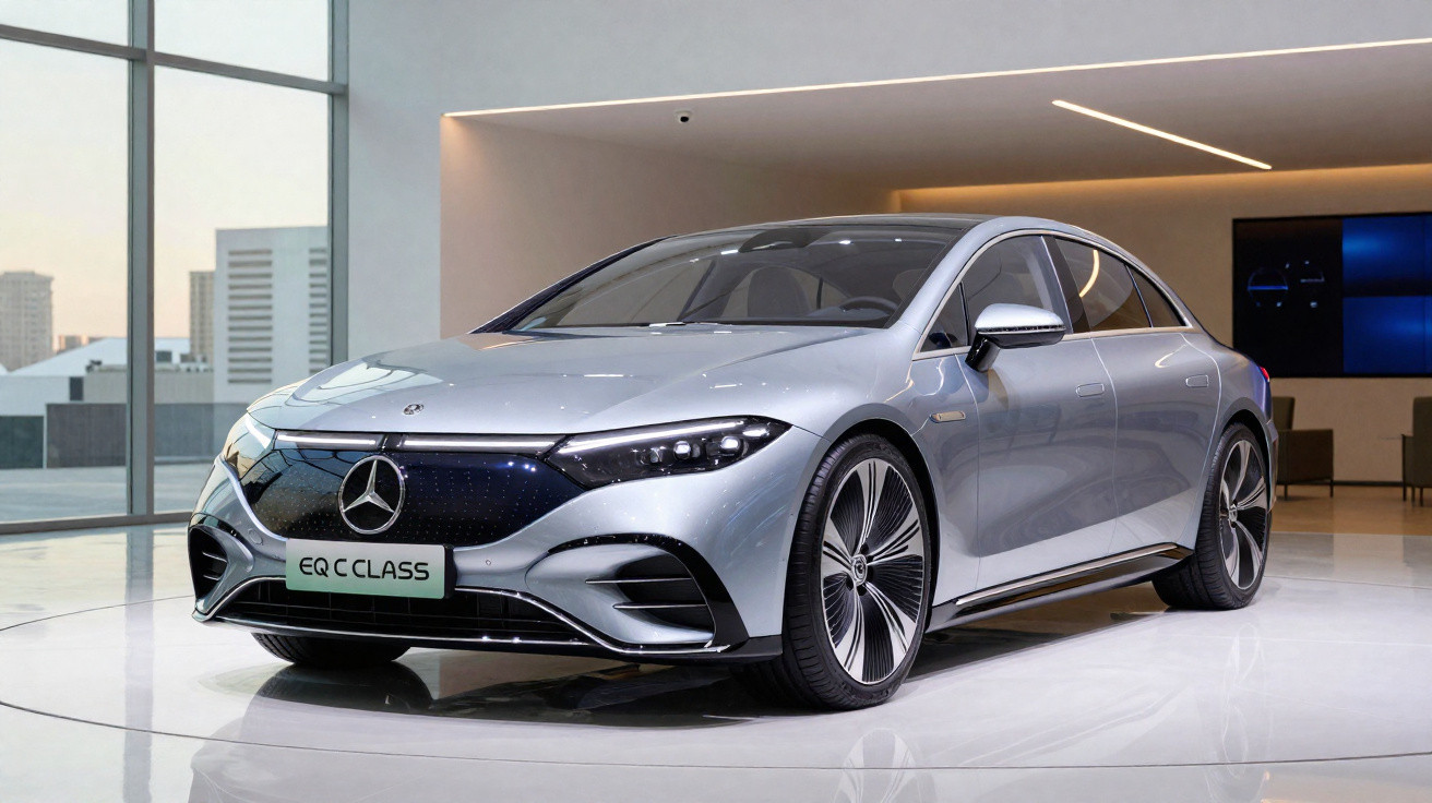 Carro elétrico Mercedes-Benz EQ C Class cinza exibido em showroom moderno e iluminado.