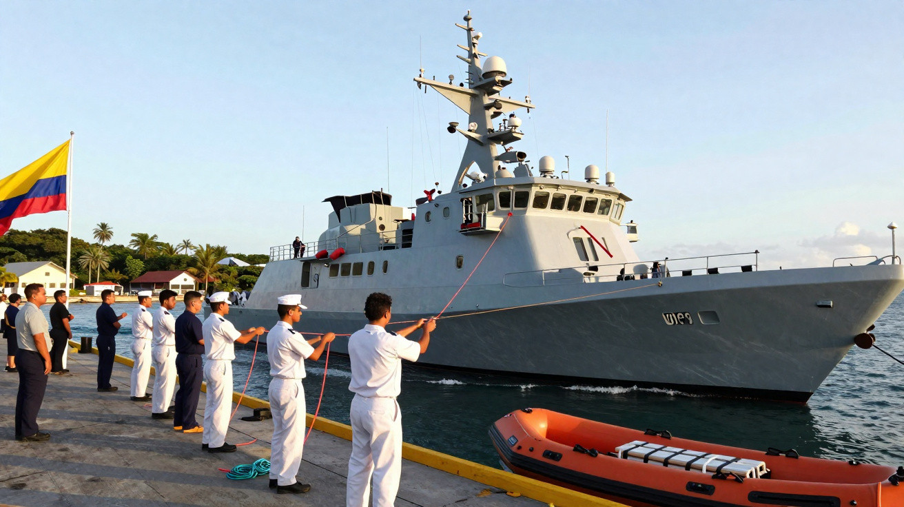 Marinheiros seguram cordas enquanto navio de patrulha naval se aproxima de cais com bandeira da Colômbia.
