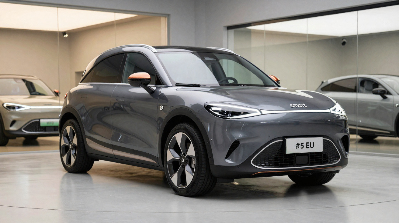 Carro elétrico cinza Smart SUV estacionado em ambiente interno com espelhos ao fundo.