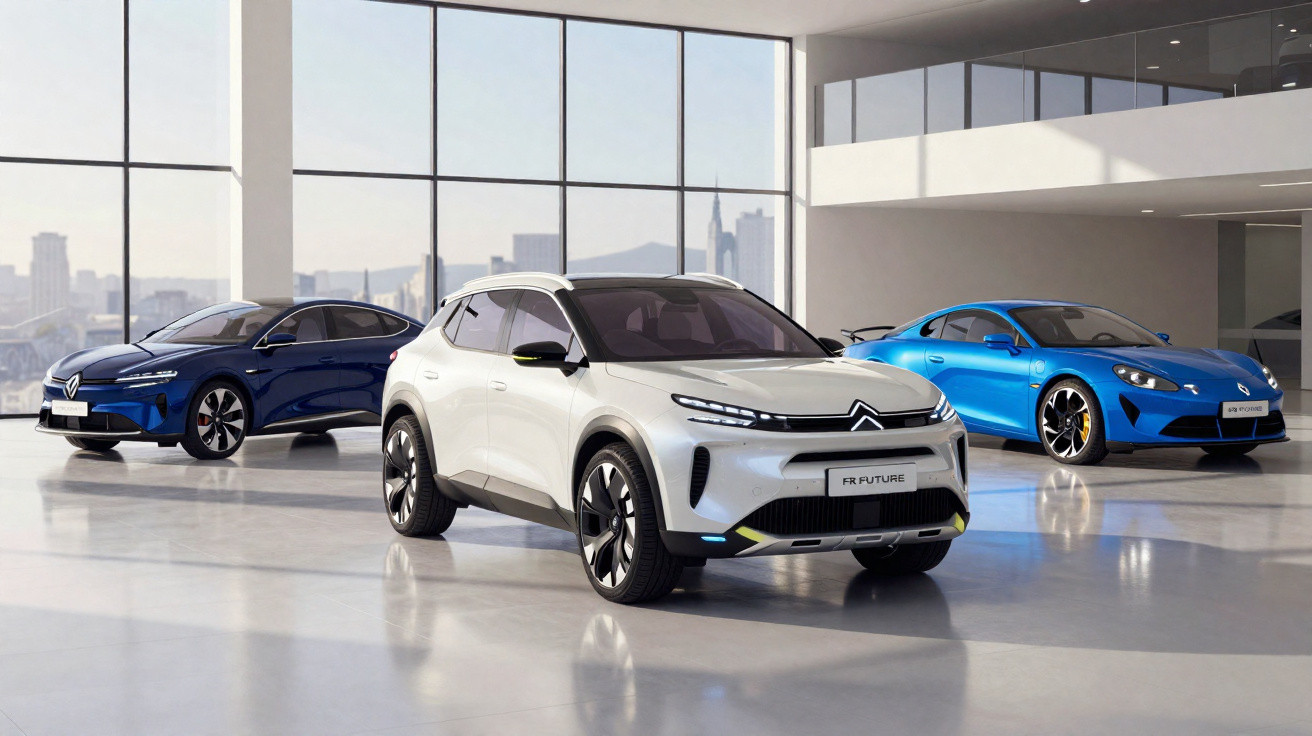 Três carros elétricos modernos em showroom amplo com janelas grandes e vista urbana ao fundo.