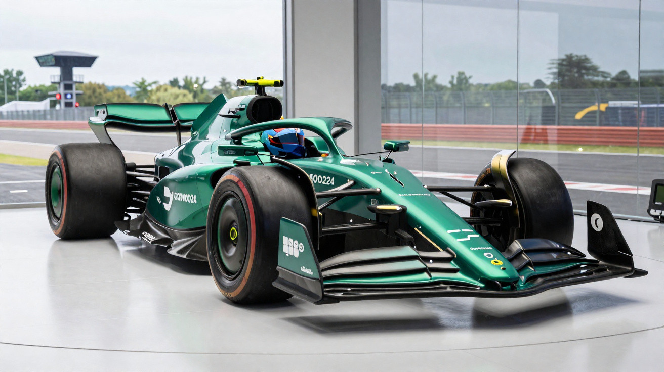 Carro de Fórmula 1 verde exibido em ambiente interno com pista visível ao fundo.