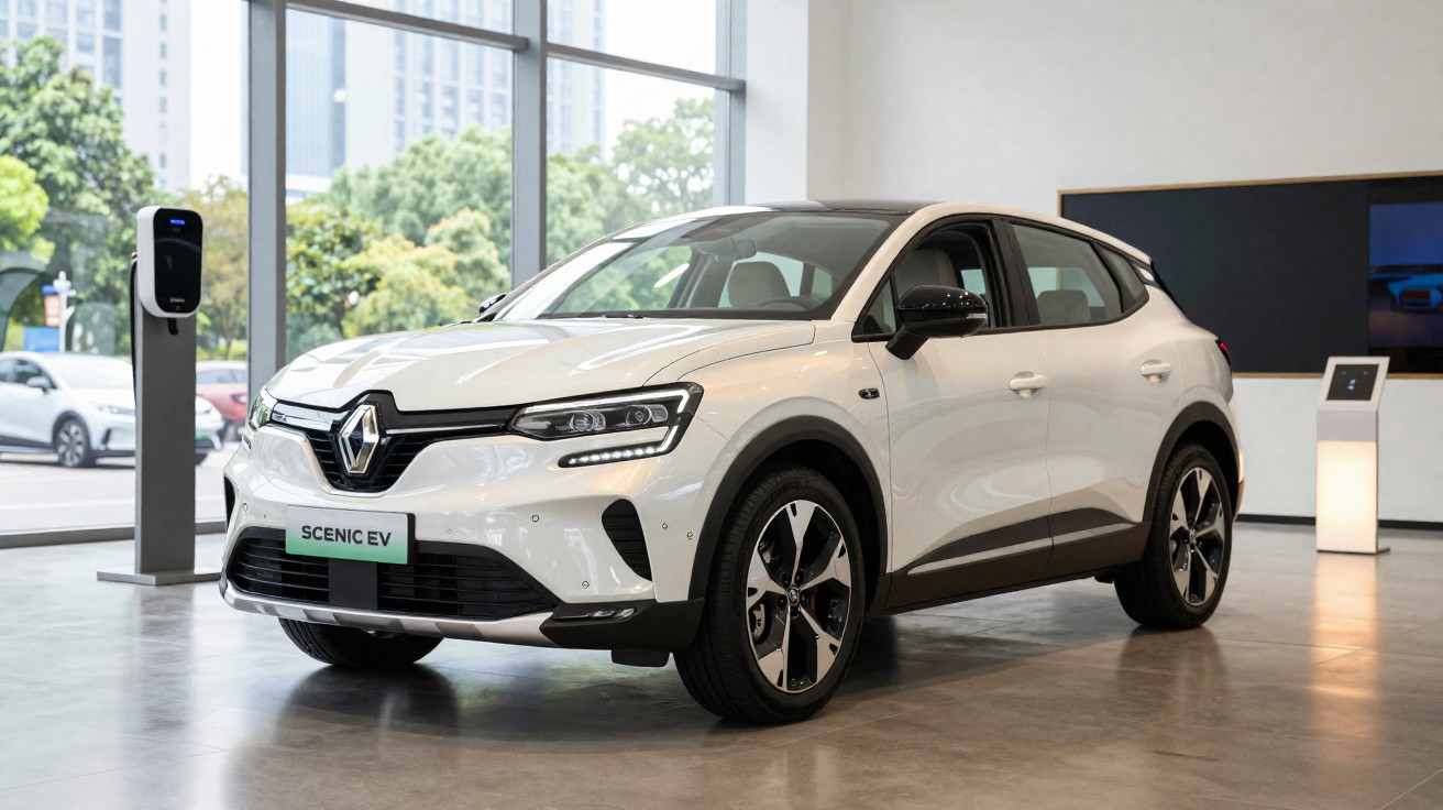 Carro elétrico branco Renault Scenic EV exposto em showroom moderno com carregador ao lado.
