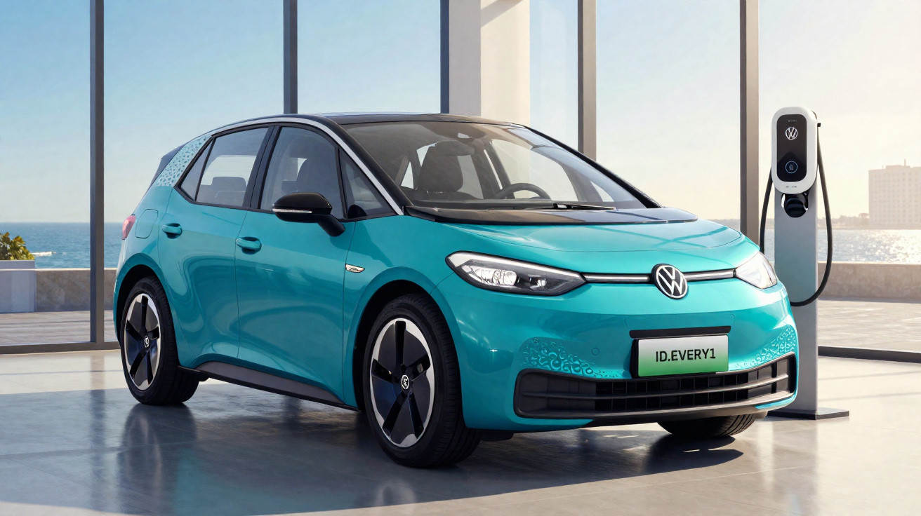 Carro elétrico Volkswagen ID. Every1 verde azul carregando em estação moderna com vista para o mar.