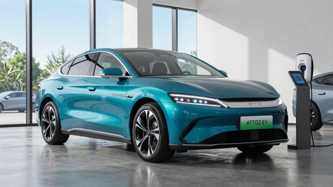 Carro elétrico azul turquesa modelo ATTO2 EV estacionado em carregador dentro de showroom moderno.