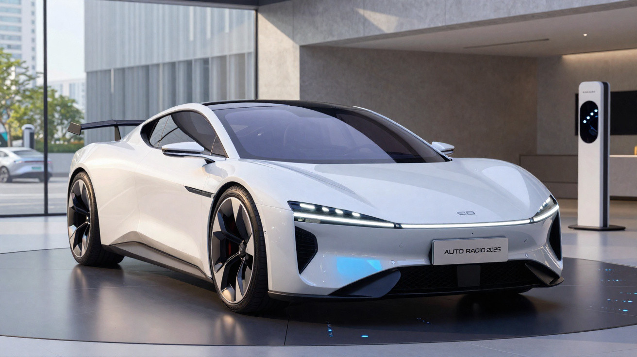 Carro esportivo elétrico branco moderno em showroom com estação de recarga ao fundo.