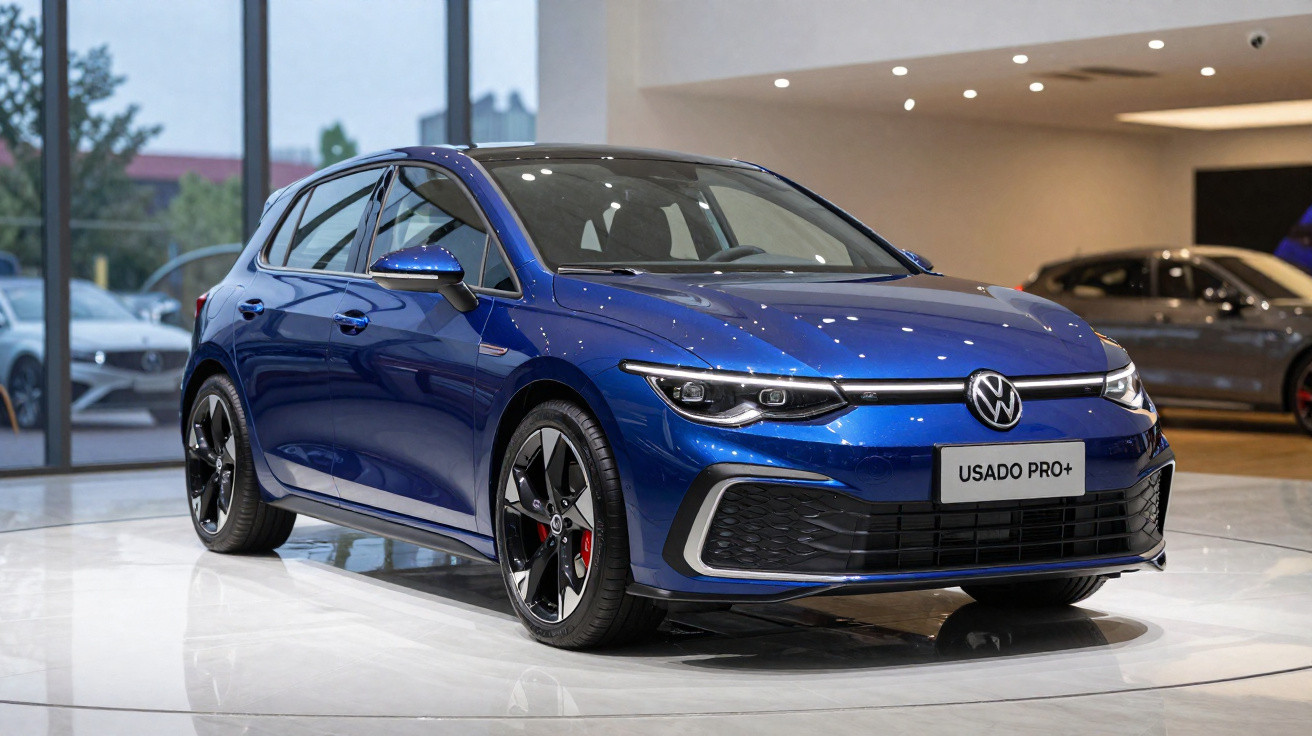 Carro Volkswagen hatchback azul exposto em showroom com placa "USADO PRO+" na frente.