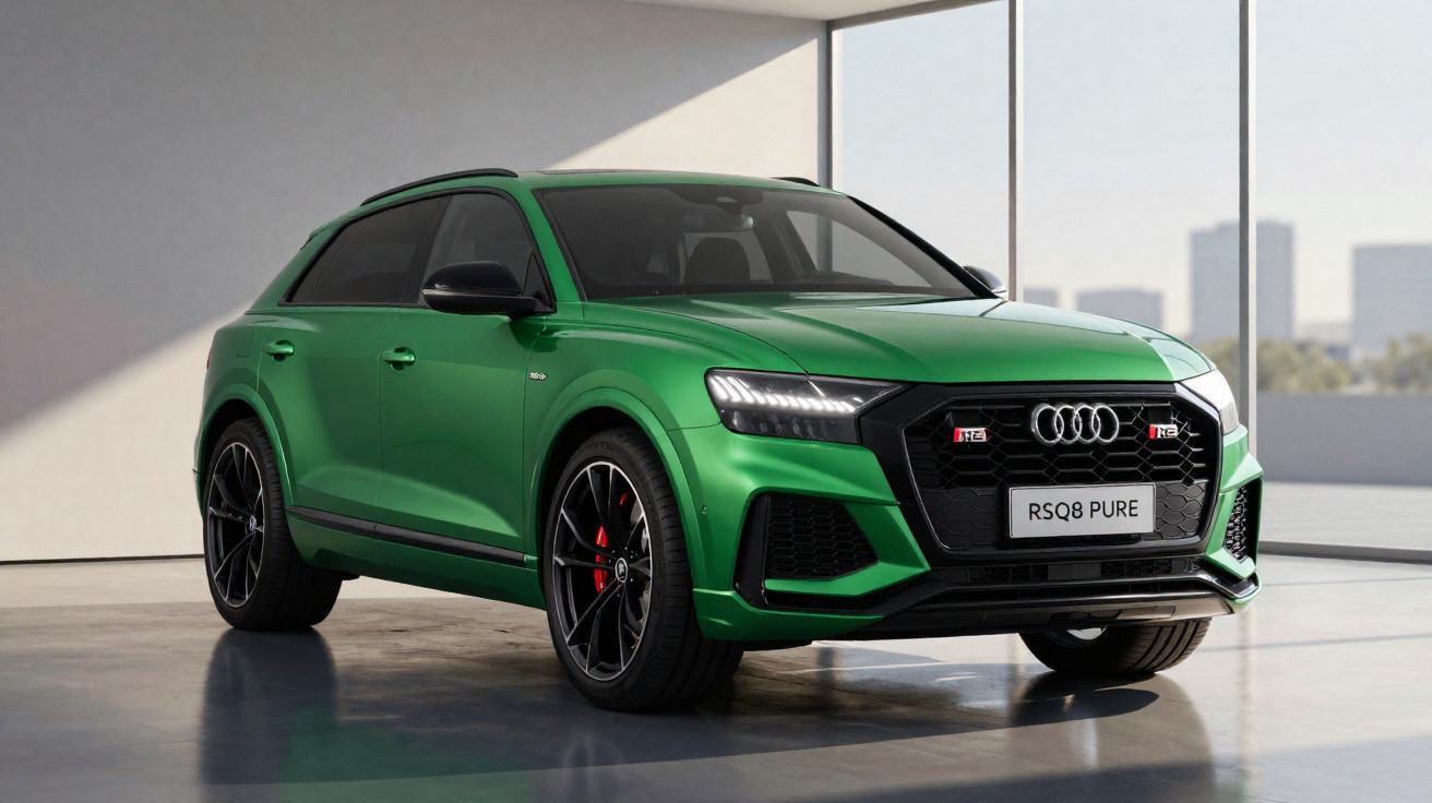Carro SUV Audi RS Q8 na cor verde em ambiente interno com luz natural e janelas grandes ao fundo.