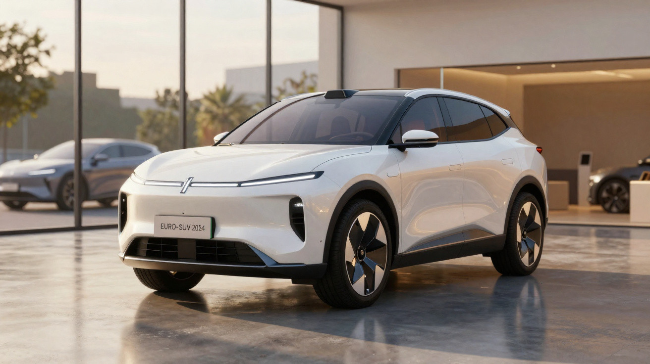 SUV elétrico branco moderno estacionado em piso refletivo em ambiente interno com paredes e janelas de vidro.