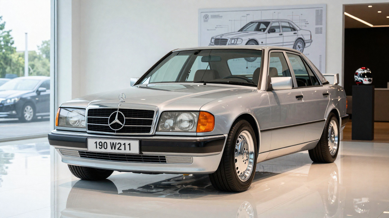 Carro Mercedes-Benz 190 W211 prata exposto em ambiente interno com design clássico dos anos 80.