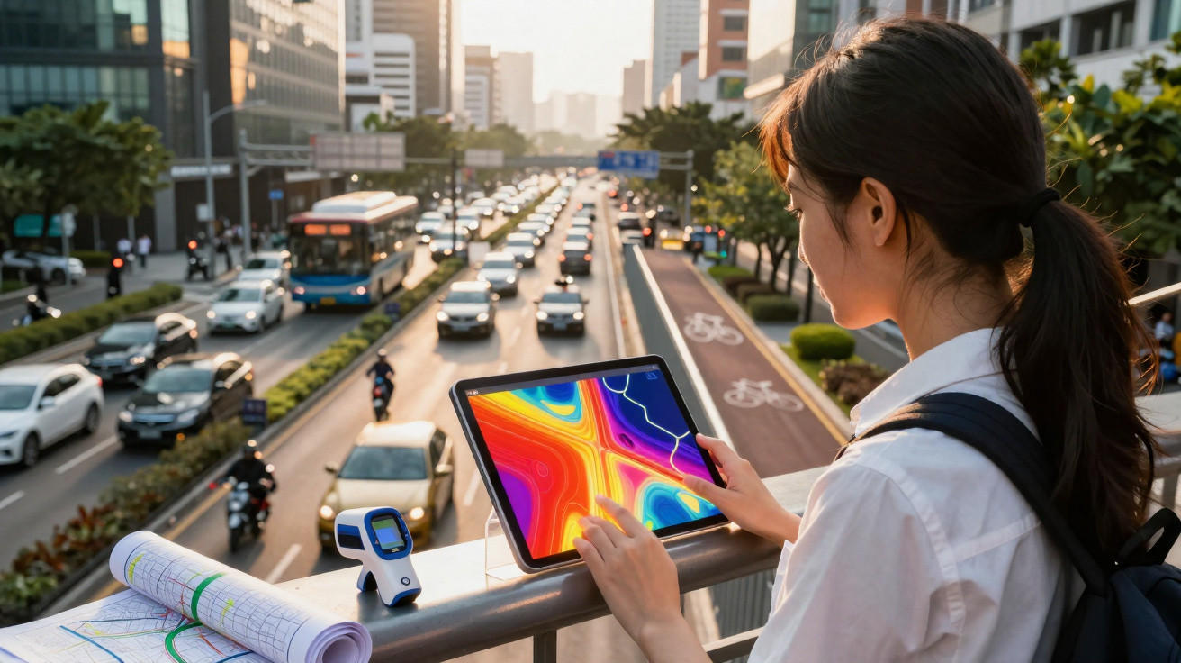 Mulher observa tablet com mapa colorido em ponte sobre avenida movimentada ao entardecer.