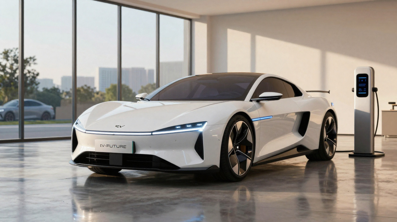 Carro esportivo elétrico branco estacionado em garagem moderna com estação de recarga ao lado.