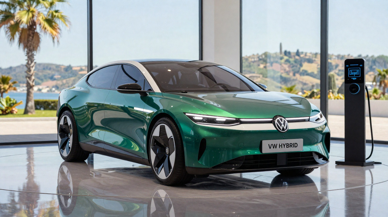 Carro elétrico verde VW Hybrid estacionado ao lado de um carregador em ambiente moderno com vista panorâmica.