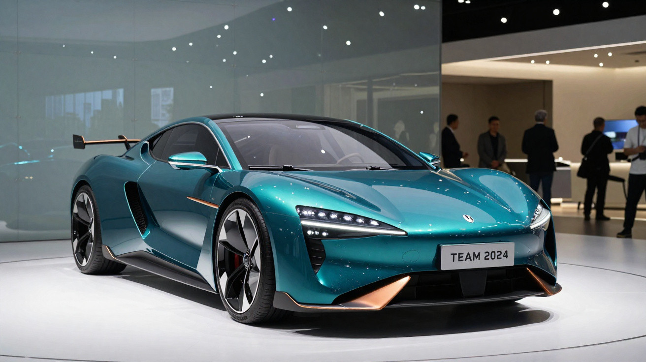 Carro esportivo azul metálico com design futurista exposto em evento automotivo, placa com "TEAM 2024".