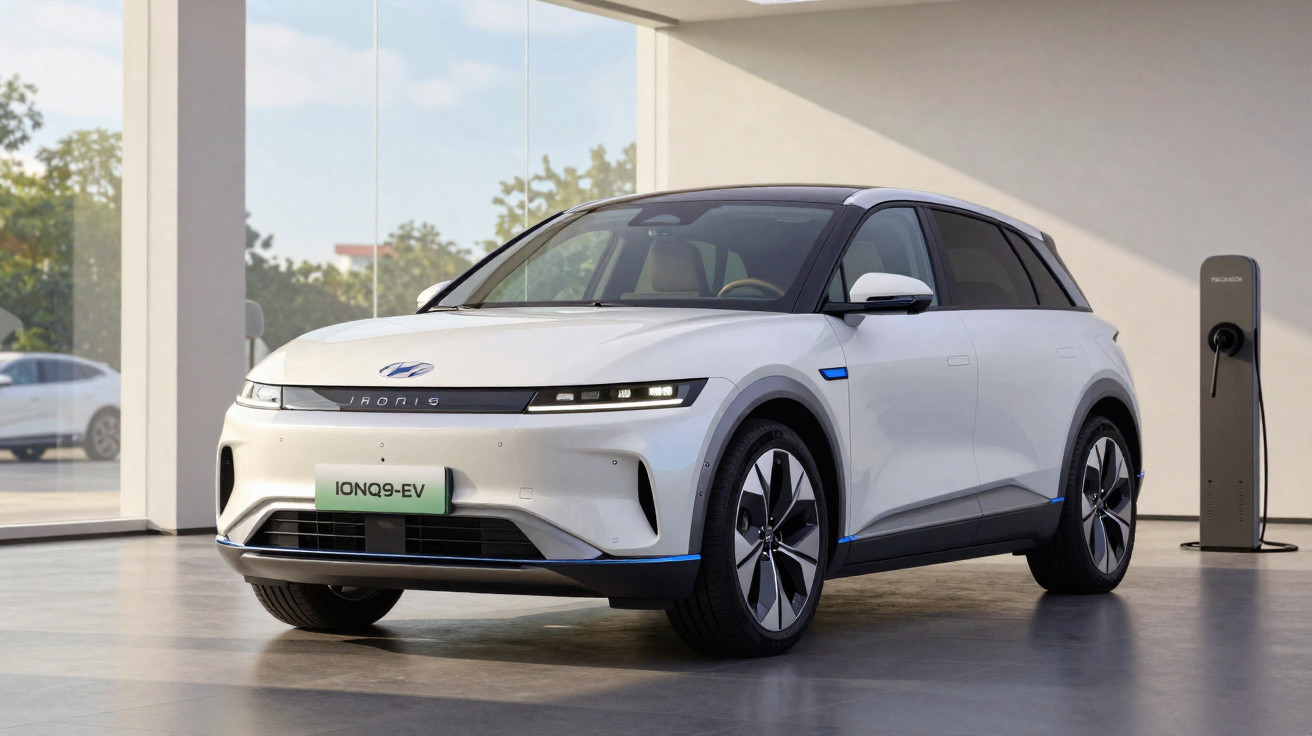 Carro elétrico branco Hyundai Ioniq 5 EV estacionado em garagem com carregador de veículo elétrico.