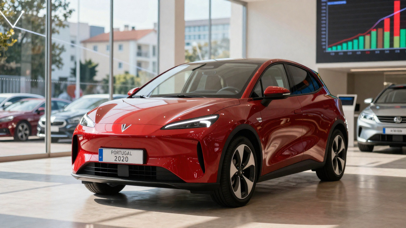 Carro elétrico vermelho exposto em showroom com placa de Portugal 2020 e luz natural entrando pelas janelas.