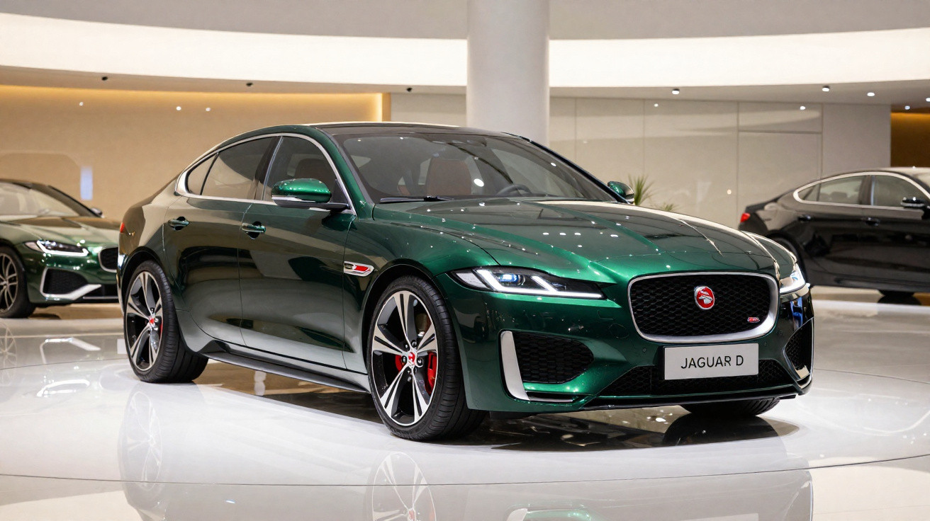 Carro esportivo Jaguar D verde metálico em exposição elegante e iluminada em showroom.