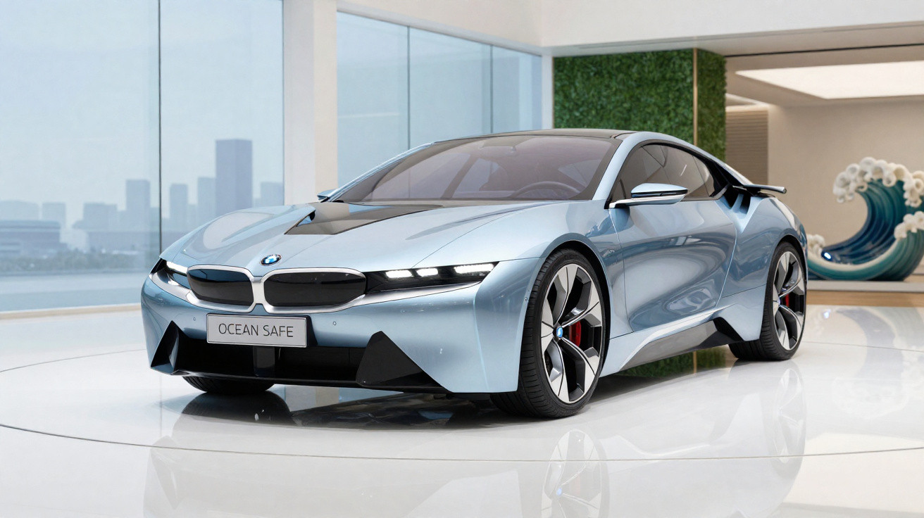Carro esportivo BMW prata com design futurista exibido em ambiente moderno com vista para cidade.
