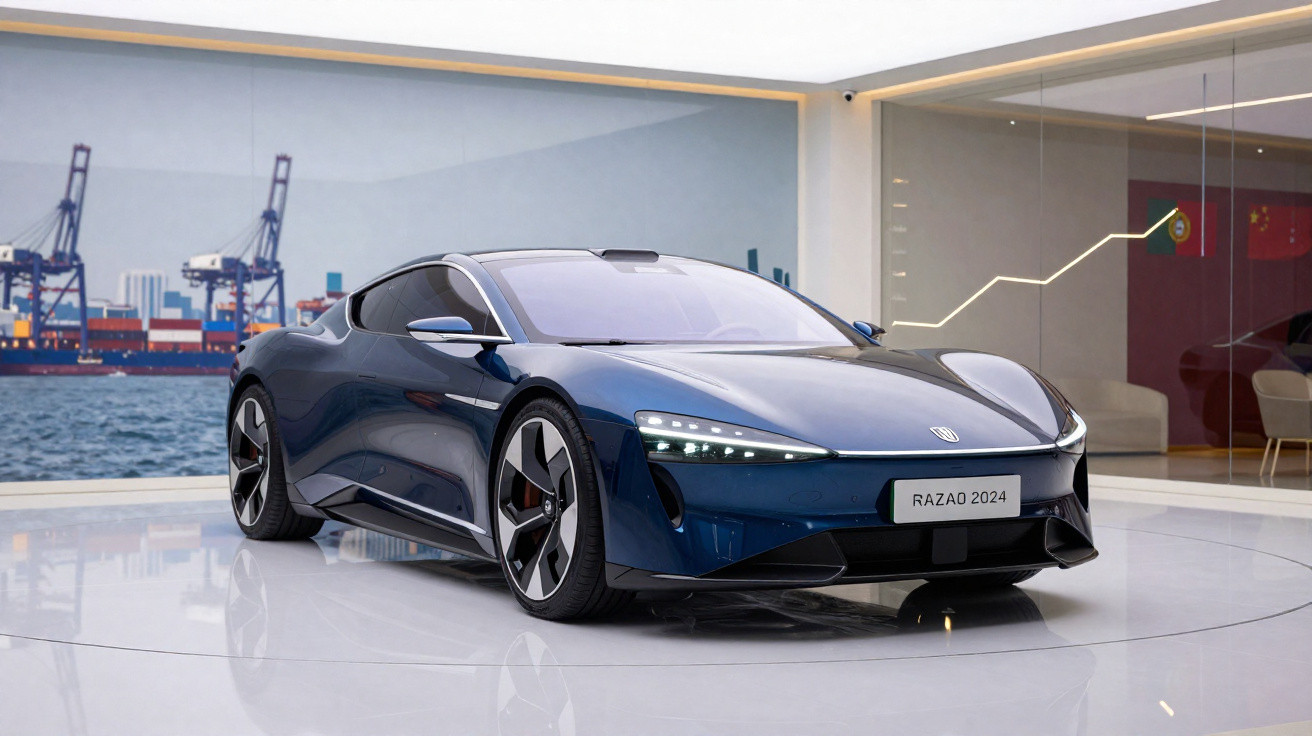 Carro esportivo elétrico azul escuro Razão 2024 exibido em ambiente interno moderno com vista para porto.