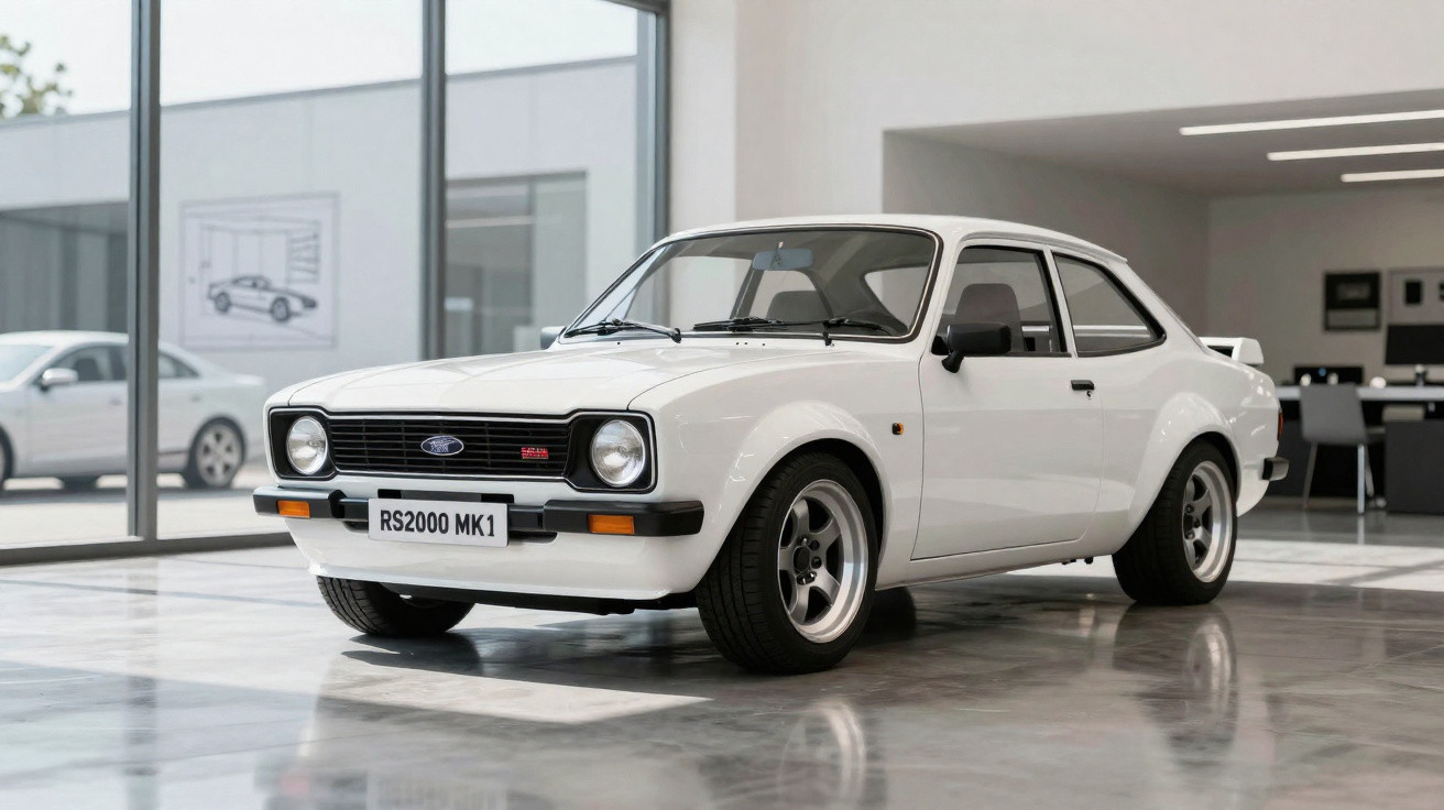 Carro esportivo clássico branco Ford RS2000 MK1 exposto em ambiente interno moderno e bem iluminado.