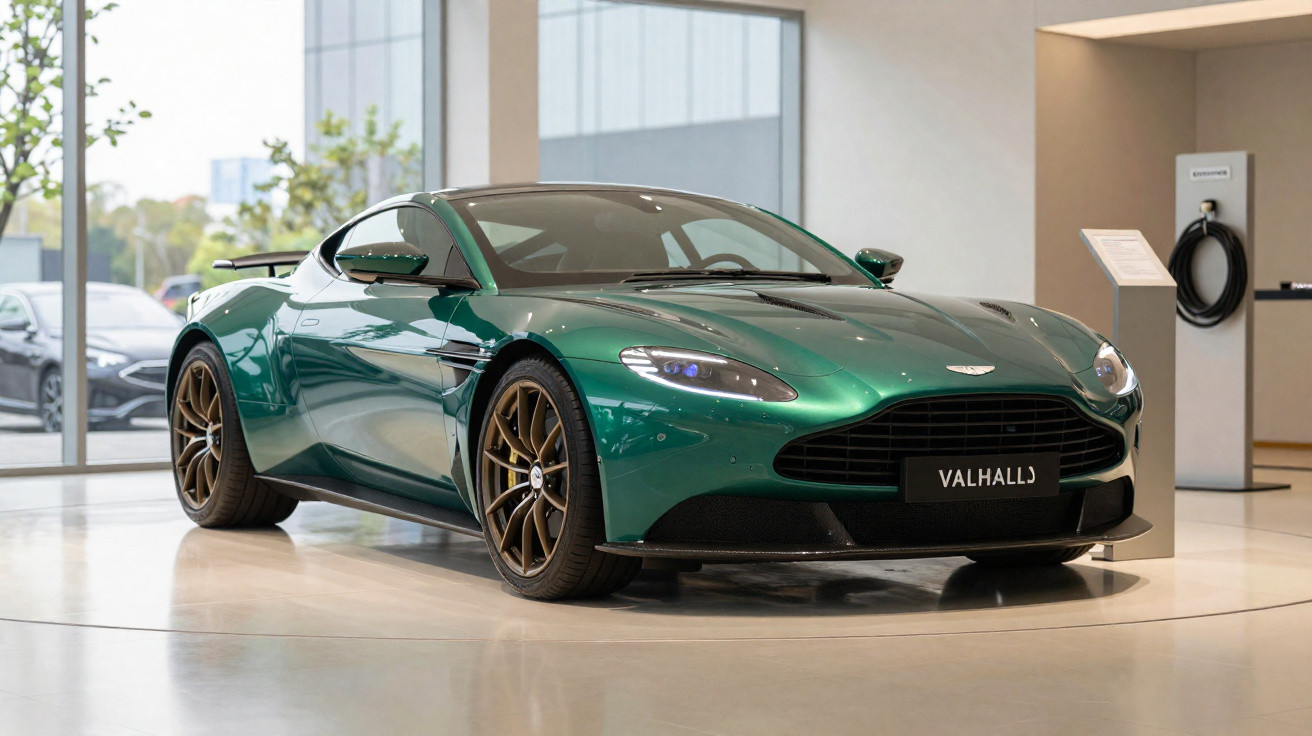 Carro esportivo Aston Martin Valhalla verde em exposição dentro de showroom moderno.