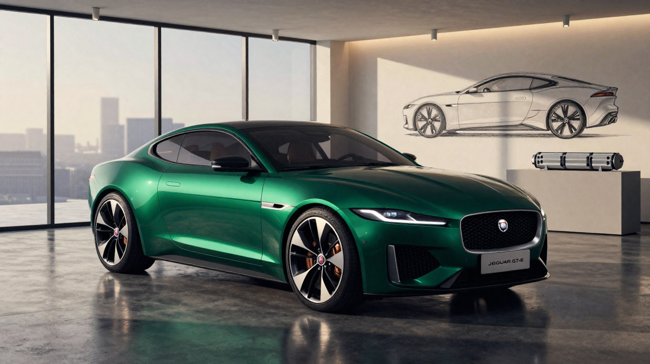 Carro esportivo verde Jaguar GT-R estacionado em ambiente interno moderno com desenho na parede.