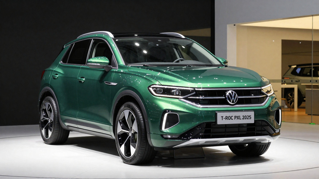 Carro Volkswagen T-Roc PXL 2025 verde metálico exposto em ambiente interno.