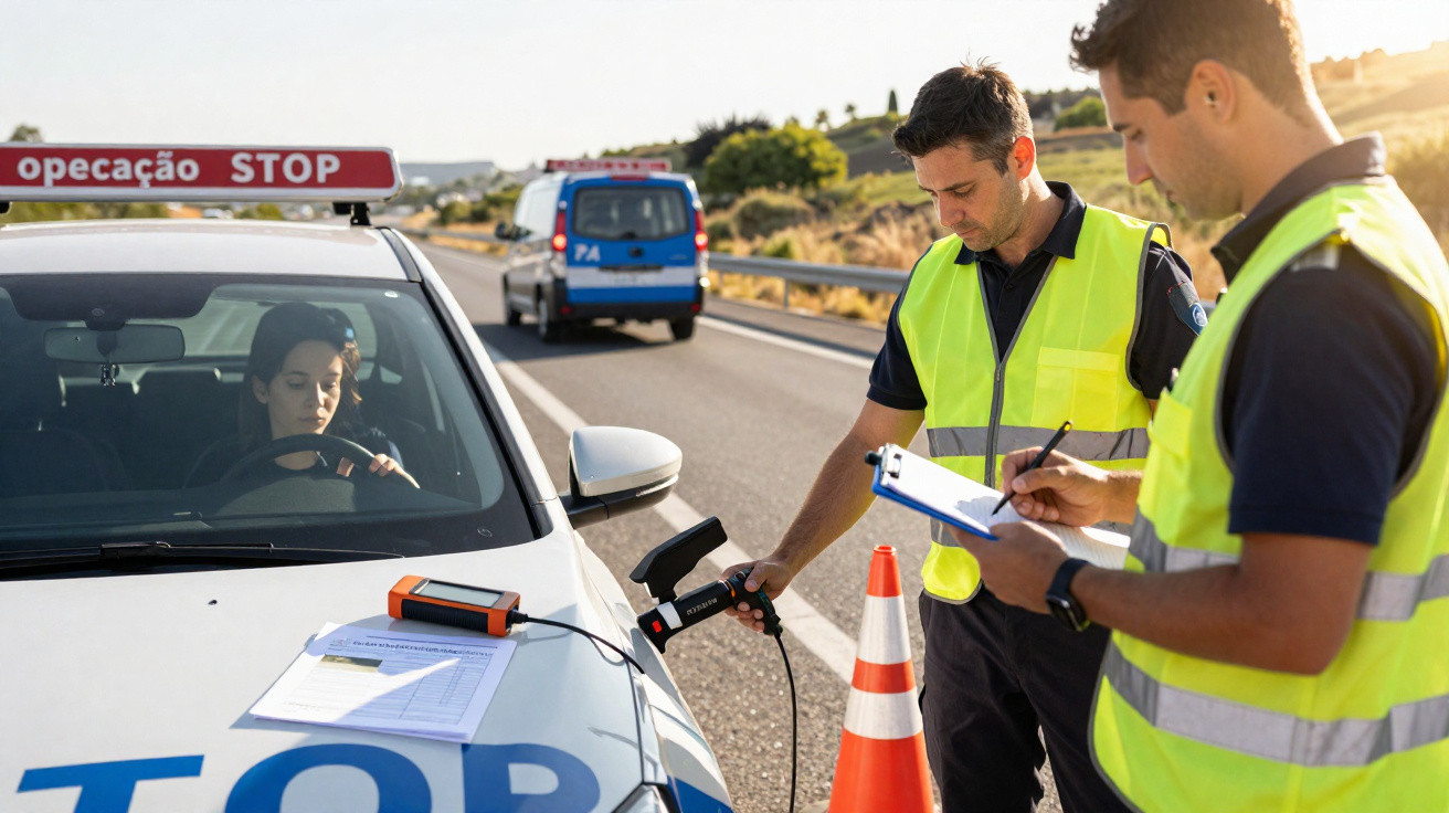 Dois policiais em coletes reflitam abordagem de blitz com mulher dentro do carro parado na estrada.